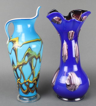 A Continental Studio Glass baluster vase with extended neck 17", a turquoise ditto with freeform decoration 17" 
