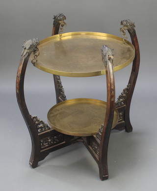 A Chinese wooden and brass circular 2 fold occasional table, the base signed and each leaf signed 23"h x 26" diam. 
