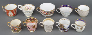 An early 19th Century Chamberlain coffee can with armorial and gilt decoration 2 1/2", an Imari pattern ditto, an Imari ditto, a Caughley tea cup with gilt and floral decoration, a Worcester fluted tea cup with thistle decoration, a Davenport teapot with exotic birds, a Ridgeway style tea cup with Imari decoration, a Derby tea cup with ochre ground, large Imari pattern Spode tea cup, a Masons tea cup with seaweed decoration  