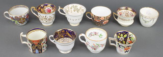 A Coalport Imari pattern tea cup, a New Hall ditto with gilt acorn decoration, a Davenport ditto with floral decoration, a Spode Imari pattern ditto, a fluted Derby tea bowl with floral decoration, a New Hall teacup with tobacco leaf decoration, a Ridgeway ditto with blue and gilt floral decoration, a Derby coffee can with Imari pattern decoration, a Victorian tea cup with floral decoration and a Rockingham ditto 
