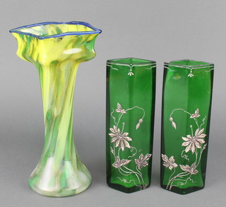 Two Art Nouveau green glass vases with floral decoration 8", a Studio glass ditto 10 1/2" 