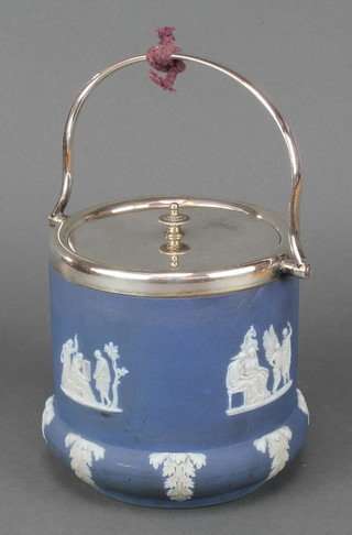 A Wedgwood blue Jasperware biscuit barrel with plated mounts