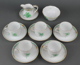 A Herend part tea set comprising 5 tea cups, 5 saucers, milk jug, sugar bowl and small saucer 