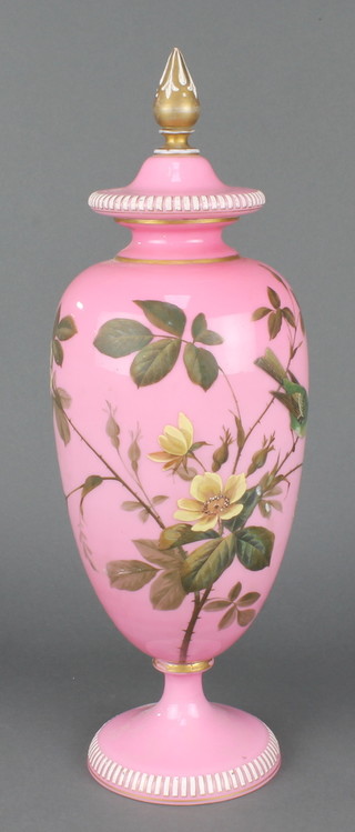 A Victorian pink glass vase overpainted with birds amongst flowers 14" 