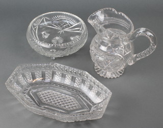 A cut glass water jug 8", an octagonal bowl 12" and a circular bwl 7" 