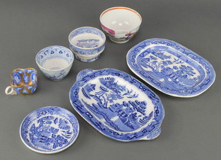A Willow pattern rounded rectangular plate 6", 1 other, a salt, dish, 2 tea bowls and a tea cup 
