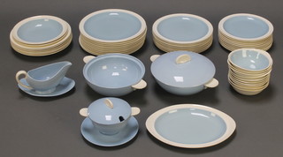 A Wedgwood Summer Sky pattern dinner service comprising 10 dessert bowls, 8 soup bowls, a small tureen stand and cover, an oval meat plate, 10 large dinner plates, 9 medium plates, 10 small plates, a sauce boat and stand, a tureen and lid, a tureen without lid 