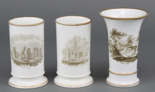 A near pair of 19th Century spill vases, one decorated a view of Stonehenge the other Salisbury Cathedral 4" and a similar Spode ditto decorated with country scenes 4 1/2" 