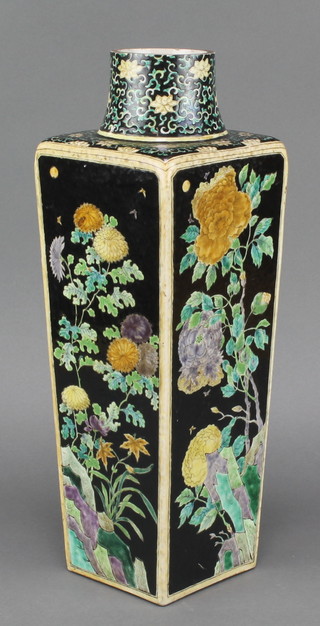 A 19th Century Chinese famille vert tapered vase the black ground with peony and Kangshi mark to base 18" 