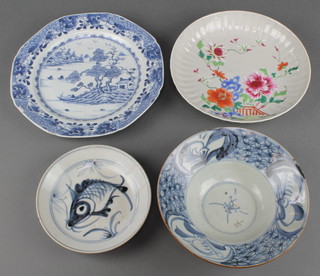 An 18th Century Chinese famille rose lobed dish decorated with flowers 8 1/2", an 18th Century octagonal blue and white plate with landscape view 9", 2 Provincial dishes 