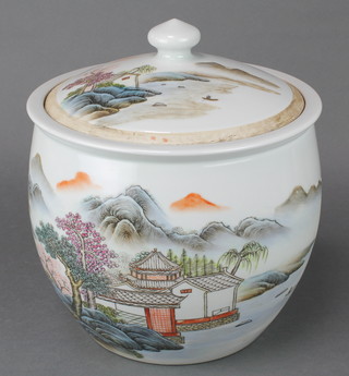 A Chinese 18th century style baluster vase and cover decorated with an extensive pavilion landscape, signed 13" 
