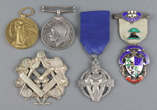 A pair of medals comprising British War medal and Victory medal to 3173 Acting Colour Sergeant AE Crocome 23 London Regt. together with a silver Hall stone jewel, a silver and enamelled Royal Masonic Institute for Boys jewel and a pierced metal gardeners jewel 