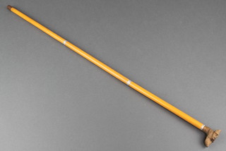 A walking cane with dog head handle fitted a dip pen and pencil 