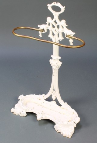 A white painted cast iron umbrella stand with detachable drip tray 29 1/2"h x 19"w x 7"d 