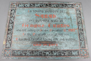 A copper memorial plaque - In loving memory of Sarah beloved wife of George Curtis February 8th 1911 and 1 other George Curtis January 12th 1918  18 1/2" x 24" 
