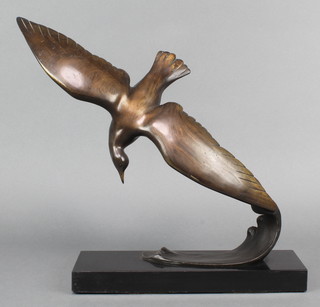 L Alliot, an Art Deco bronze and marble figure of a diving seagull  "La Mouette"  on a black marble base 15"h x 12"w x 3 1/2"d 