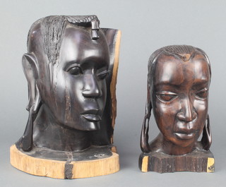 A carved African hardwood bust of a lady 10" and 1 other 8" (slight damage to the base) 