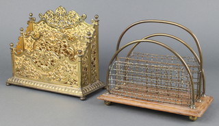 A Victorian pierced gilt metal 3 section stationery rack raised on bun feet 7"h x  9 1/2" x 4" together with an oak and brass twin section letter rack 7" x 8 1/2" x 4" the base marked S. Hall 
 