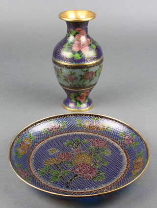 A bol crystal cloisonne and cloisonne enamelled gilt vase with blue and floral ground 8", a circular bol crystal cloisonne dish decorated flowers 9" 