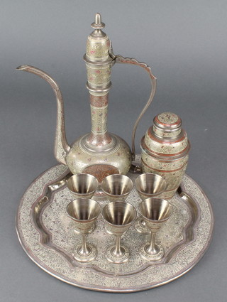 A Turkish coffee pot 12", ditto white metal tray 11" and a ditto cocktail shaker and 6 goblets 