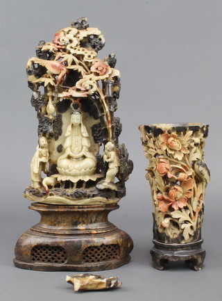 A carved and pierced soap stone figure group of a seated Wang Li with attendants 16" x 8" (a 3" section has been knocked off and is loose) together with a pierced vase decorated a stork 9" x 4" x 3 1/2" 
