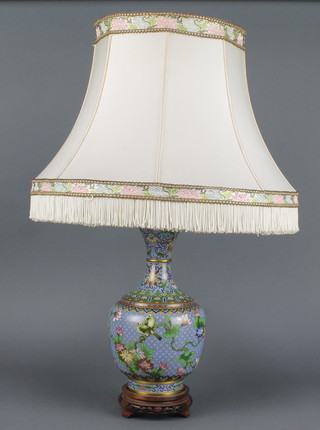 A blue ground cloisonne enamelled club shaped vase decorated birds amidst branches converted to a table lamp and raised on a hardwood base 15" 
