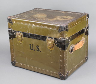 Beals and Selkirk a green painted and metal bound twin handled trunk marked US, the lid with brass plate marked stock no. 69-3533 Specif.file no.2390.1/1846 Q.QM.Depot October 3 1941 Beals and Selkirk  Trunk Company 14"h x 17 1/2"w x 14"d 