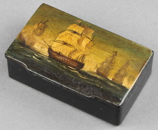 A 19th Century rectangular black lacquered snuff box the lid decorated a 3 masted sailing chip 1" x 3" x 2" 