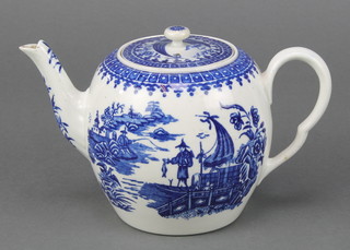 A Worcester blue and white Fisherman pattern baluster teapot and lid 5" 