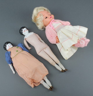 2 19th Century porcelain headed and fabric bodies dolls 12" and 1 other doll 