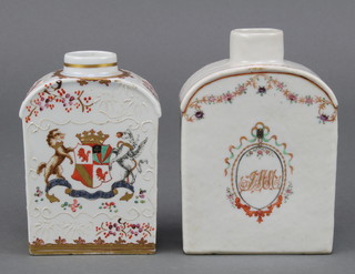 A Samson porcelain armorial tea caddy 4 1/2" together with a domed topped ditto with floral swags 5" 