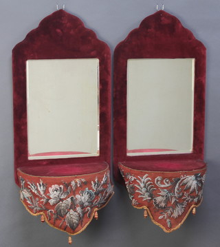 A pair of Victorian rectangular bevelled plate mirrors contained in plush frames with bead work aprons 29"h x 13"w 
