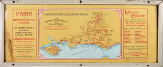 A London, Brighton and South Coast Railways carriage poster showing the network, Paris via Newhaven and Dieppe 9 1/2" x 25"