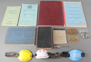 A white and green enamelled British Railways lookout armband, do. engineering supervisor, a plastic cross armband, 2 oval pressed metal plates marked H Polley & Sons Ltd BR (BRW) 876 and 924, an LMS Railways teaspoon, a small collection of metal Railway buttons, a Southern Railways Superannuation Fund Act & Rules 1941, 1 volume "British Locomotive Types 1943", 1 volume "Frank Allen Railroad Curves and Earthworks 1931", 1 vol. "International Convention Concerning the Carriage of Goods by Rail 1961", 1 vol. "British Railways General Appendix to Working Time Tables 1960" and a BR pocket book  