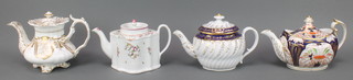 A New Hall teapot decorated with floral swags with simple finial 9", a 19th Century Grainger Worcester style ditto 8", a Coalport style spiral blue and gilt ditto and a Graingers style Imari pattern ditto 