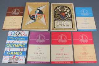 A programme for the 1948 London Olympics together with 5 other 1948 Olympic programmes - Basketball, Athletics, Swimming, Hockey and Football and a 1951 Festival of Britain programme and a 1953 Coronation programme