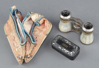 A pair of chrome and mother of pearl opera glasses, a lacquered snuff box 1" x 3" x 1" and a pair of embroidered Chinese slippers 4 1/2" 