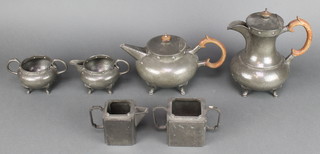 A 4 piece Don planished pewter tea service comprising teapot, hotwater jug, twin handled sugar bowl and cream jug marked Don Pewter 1249 together with a square Don Pewter sugar bowl and cream jug base marked 1504