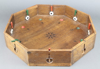 A French octagonal oak table top marble game 3 1/2" x 17 1/2" x 18" 