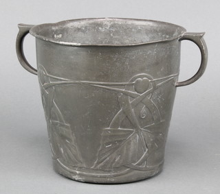 An Art Nouveau English pewter twin handled ice bucket the base marked English pewter 0705 6"