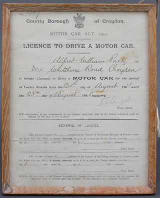 A 1904 Croydon Borough Council license to drive a motorcar to Alfred William Pray no.48, 10" x 8" contained in a limed oak frame 
