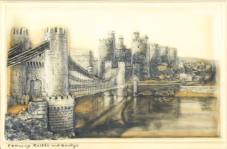 A pair of 1930's Osborne plaques - St Michaels Mount of Cornwall and Conway Castle and Bridge, framed 7" x 10 1/2" 