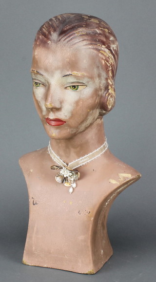 A 1930's composition head and shoulders shop display portrait bust of a lady 18"h x 10" x 5"  