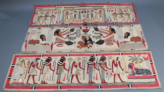 3 1930's Egyptian style "tapestry" panels of Egyptian scenes 17 1/2" x 55", 18 1/2" x 56" and 18" x 58" and a later collage panel 34" x 34 1/2" 