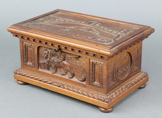 G Girardi, a rectangular carved oak trinket box decorated the Grand Canal, St Marks Lion and Doges Cap, raised on bun feet  5"h x 9"w x 6"d, the base impressed G Girardi Venezia Instituto Evangelico Professionale 
