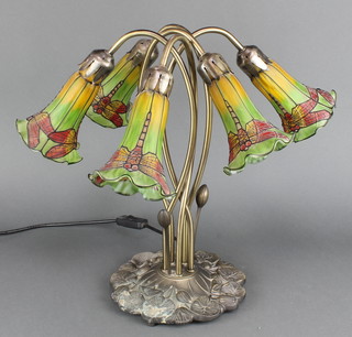 A Tiffany style 5 shade table lamp decorated dragonflies, the base decorated lily leaves 16"