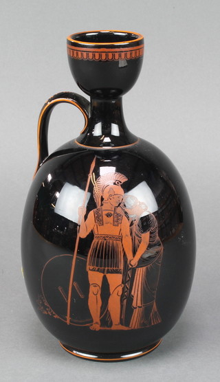 A Victorian black glazed ewer after the Antique depicting Achilles and the meeting of Hector  and Andromache 9" 