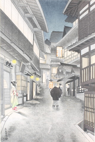 20th Century Japanese woodblock print, study of figures walking in an lantern and moonlit street 15 1/2" x 10 1/4" 