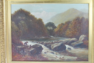 G J Polhill 1902, oil on canvas, signed and dated, 2 boys fishing in a fast flowing stream with distant mountains 19 1/2" x 26 1/2" 