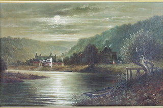G J Polhill 1902, oil on canvas, signed, moonlit river landscape 13 1/2" x 21 1/2" 